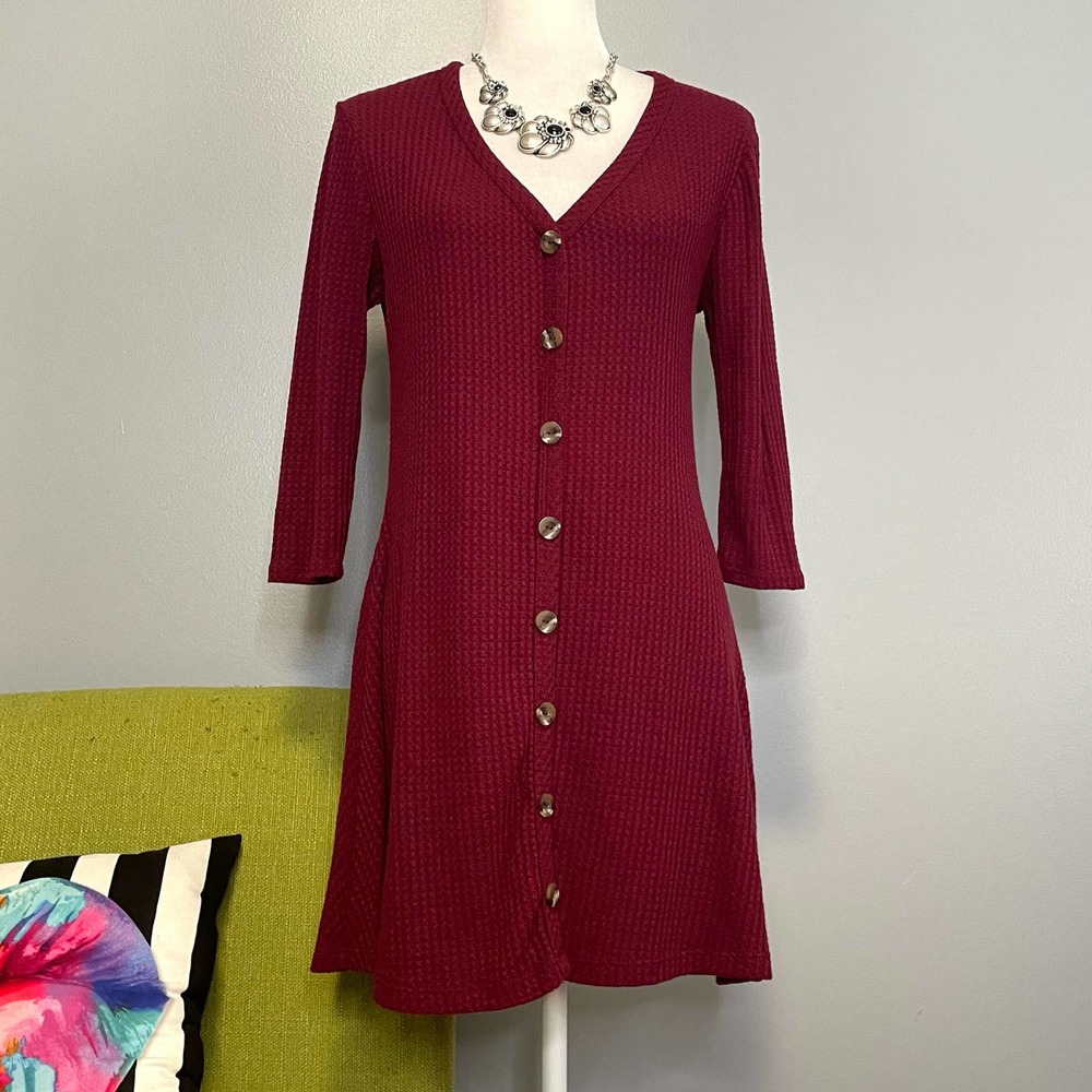 Lulus Splendid Style Burgundy Red Button Front Waffle Knit Swing Dress